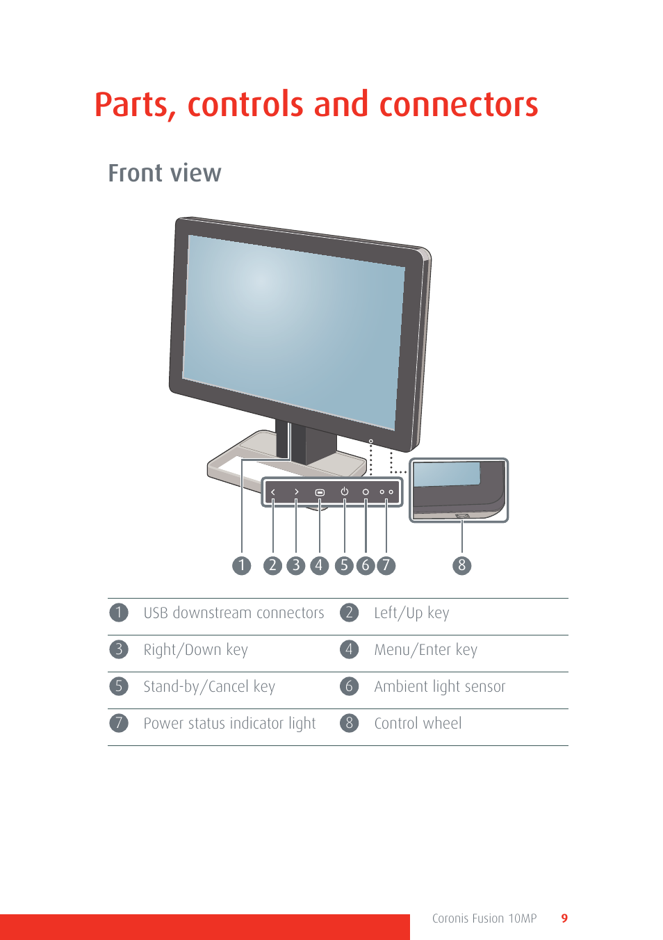 Parts, controls and connectors, Front view | Barco Coronis Fusion 10MP User Manual | Page 9 / 80