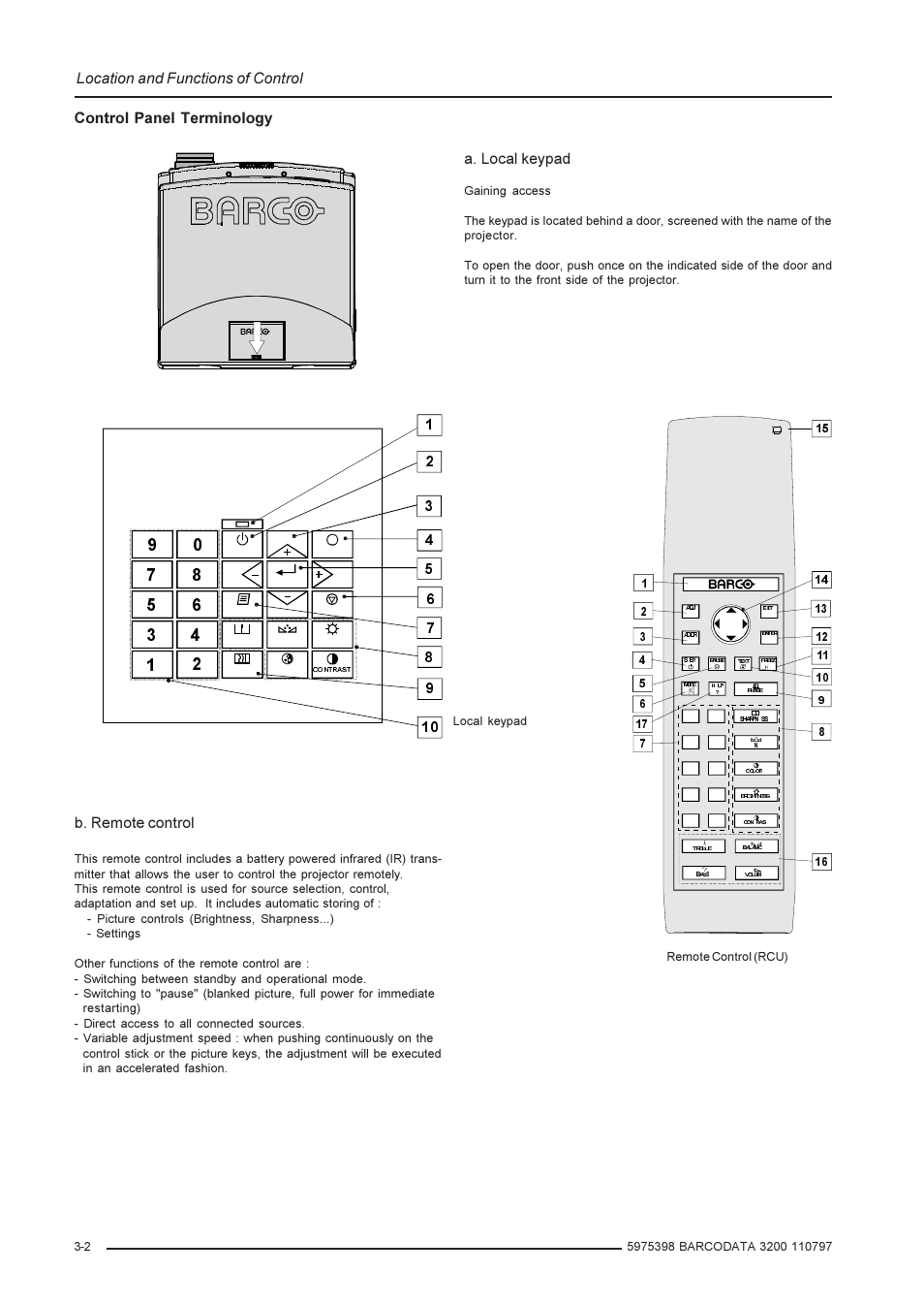 Location and functions of control, Control panel terminology a. local keypad, B. remote control | Barco R9001190 User Manual | Page 10 / 48