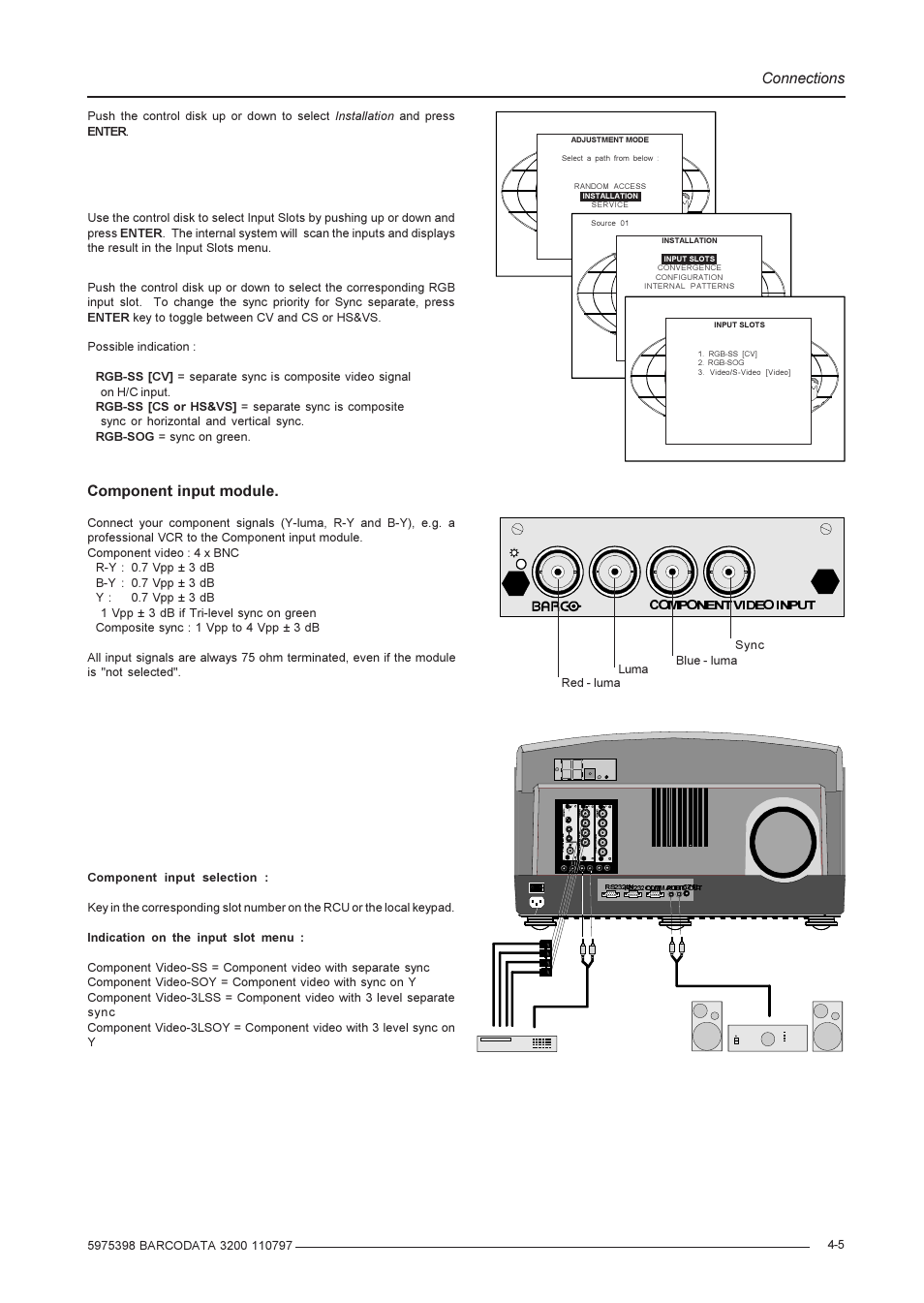 Connections, Component input module | Barco R9001190 User Manual | Page 16 / 48