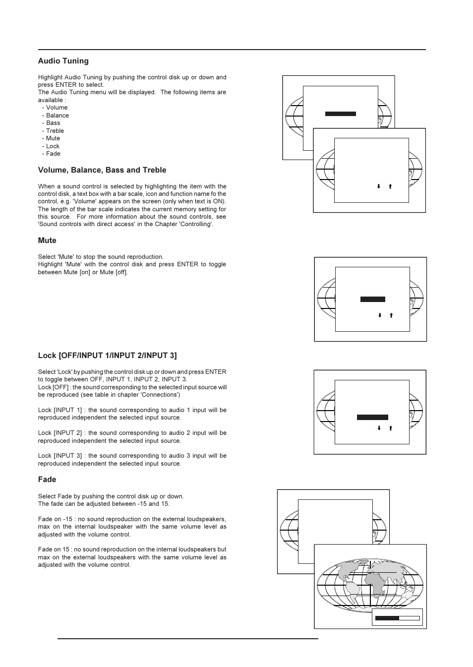 Random access adjustment mode, Audio tuning, Volume, balance, bass and treble | Mute, Lock [off/input 1/input 2/input 3, Fade | Barco R9001190 User Manual | Page 31 / 48