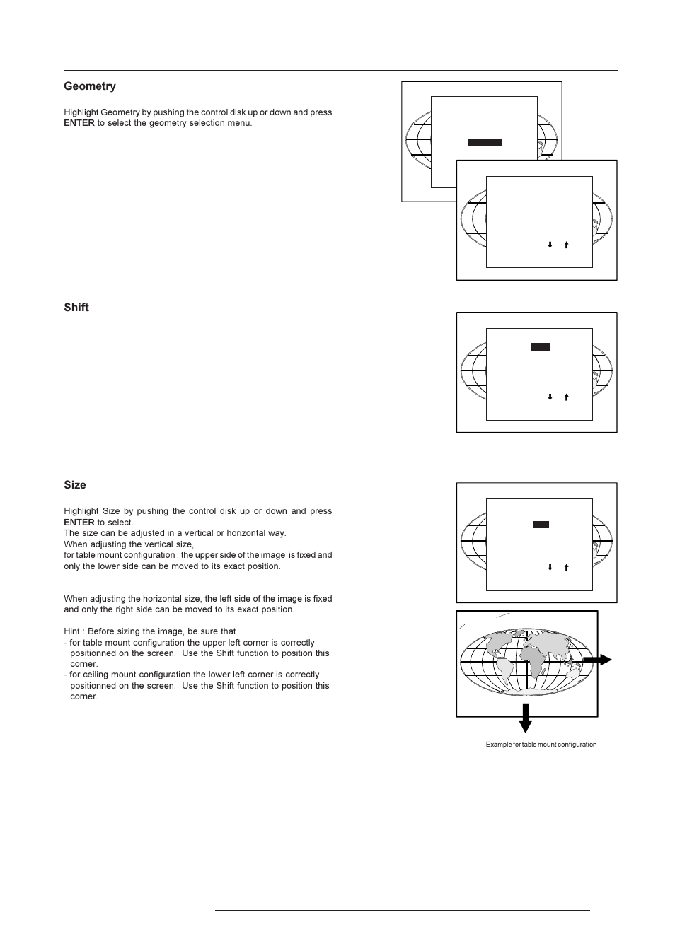 Random access adjustment mode, Geometry, Shift | Size | Barco R9001190 User Manual | Page 32 / 48