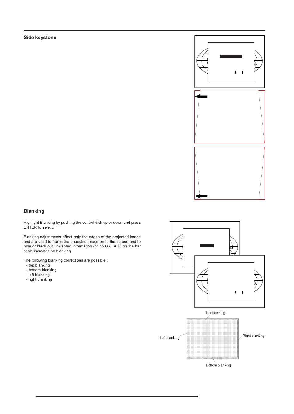 Random access adjustment mode, Side keystone, Blanking | Barco R9001190 User Manual | Page 33 / 48