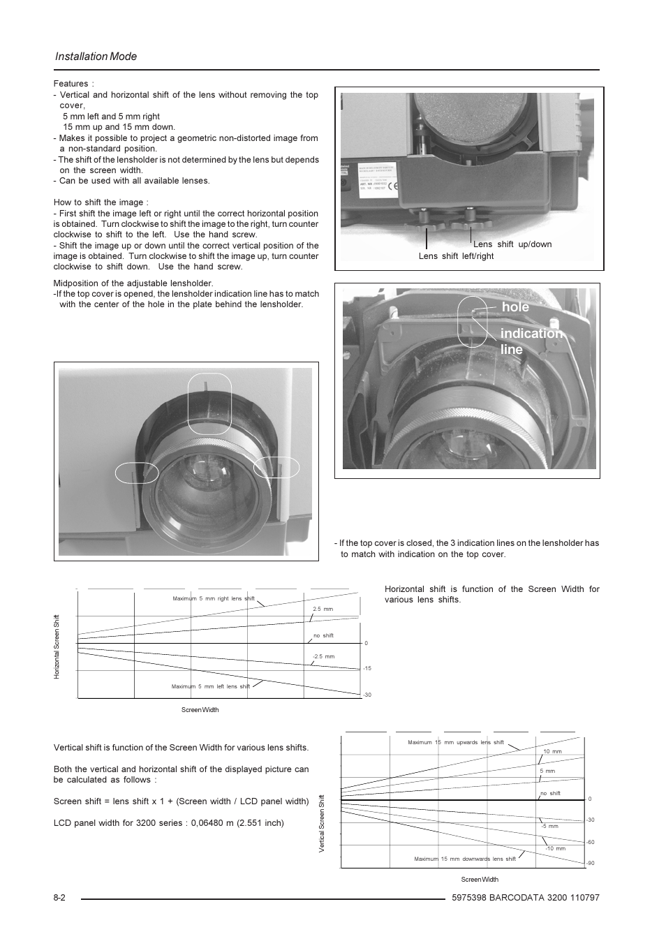 Hole indication line, Installation mode | Barco R9001190 User Manual | Page 37 / 48