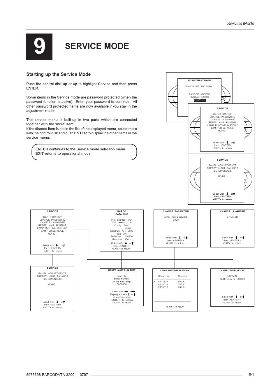 Service mode, Starting up the service mode | Barco R9001190 User Manual | Page 38 / 48