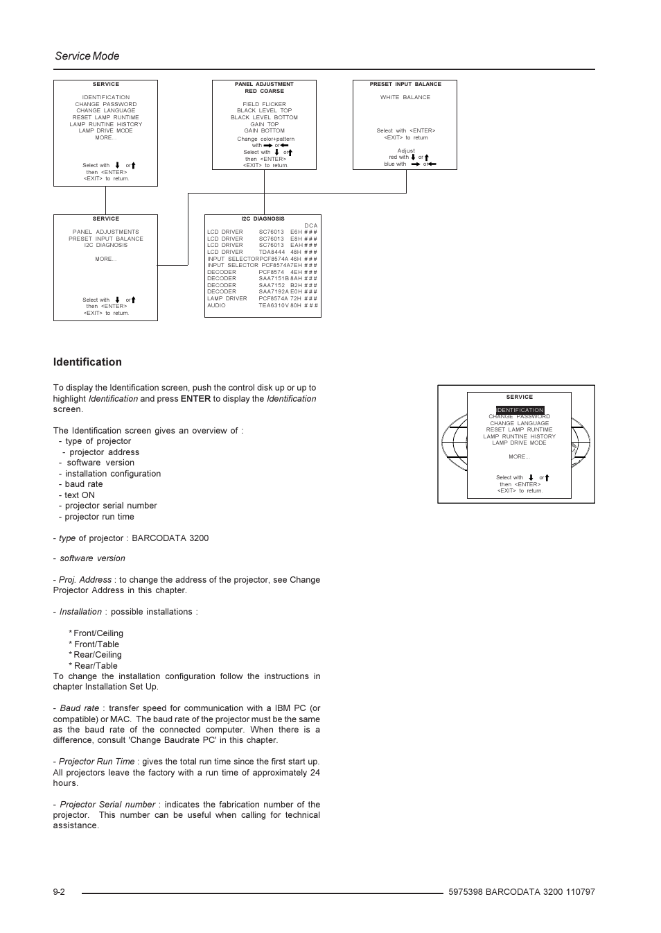 Service mode, Identification | Barco R9001190 User Manual | Page 39 / 48