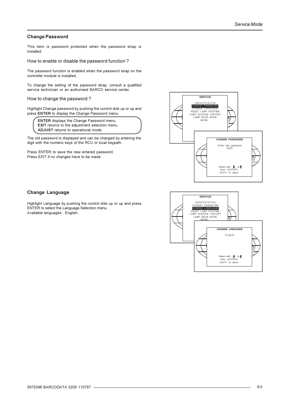 Service mode, Change password, How to enable or disable the password function | How to change the password, Change language | Barco R9001190 User Manual | Page 40 / 48