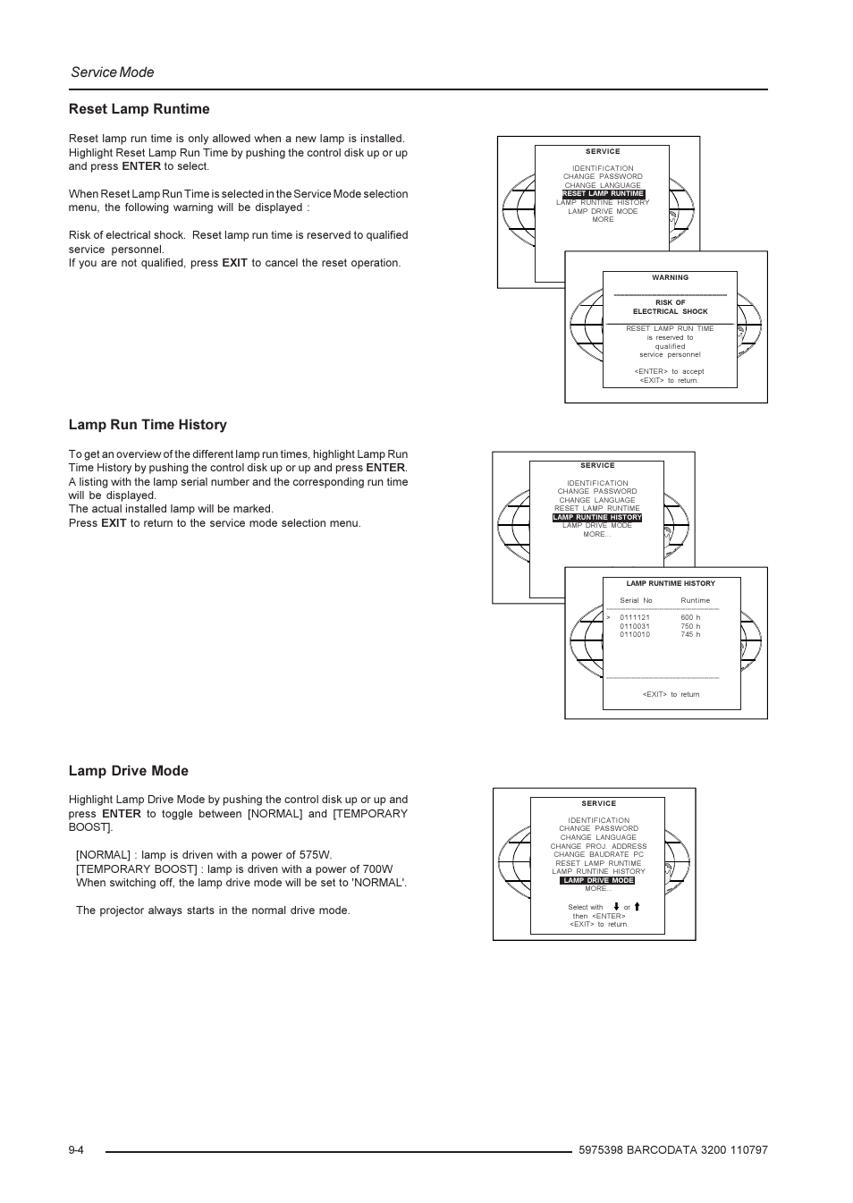 Service mode, Reset lamp runtime, Lamp run time history | Lamp drive mode | Barco R9001190 User Manual | Page 41 / 48