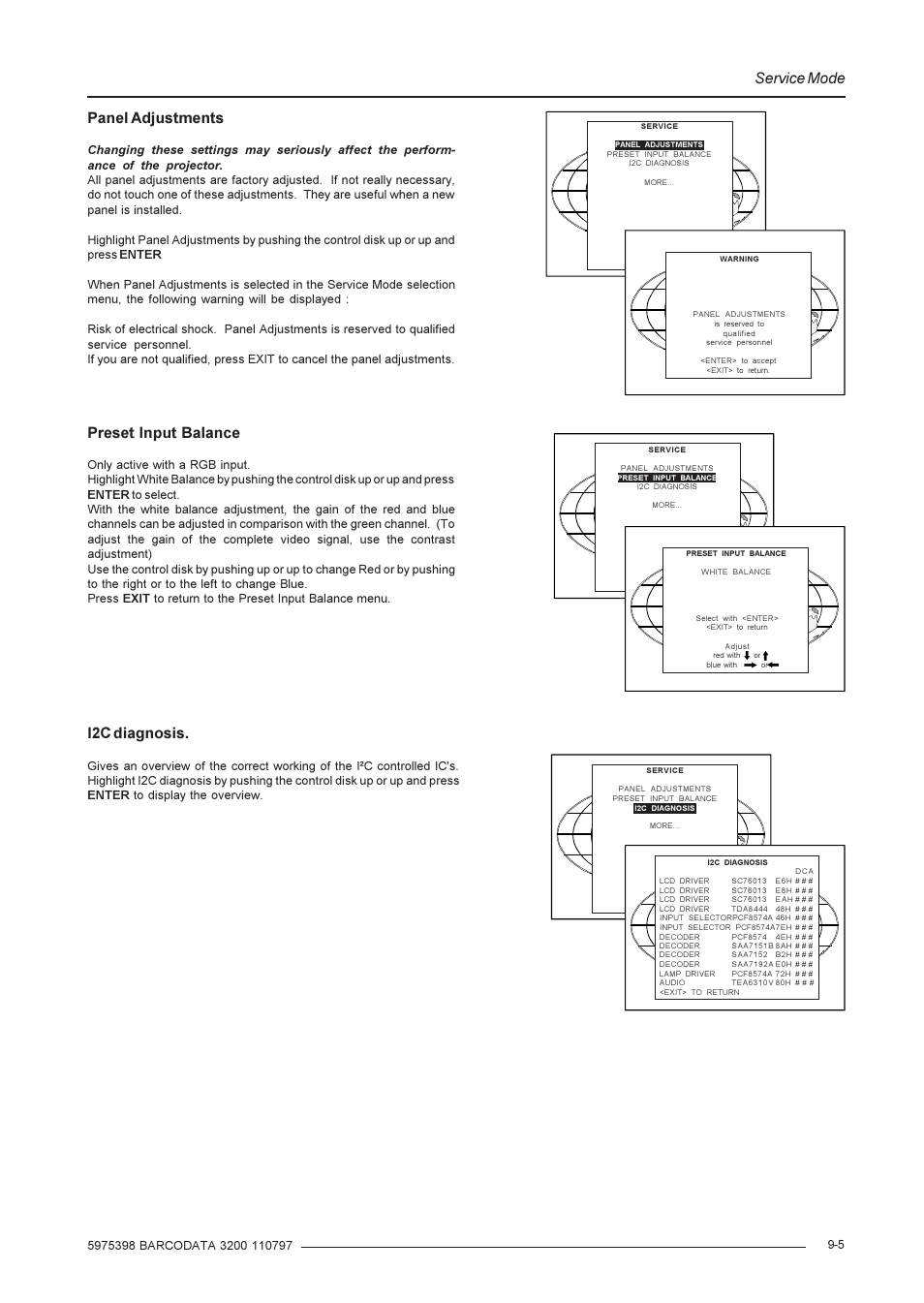 Service mode, Panel adjustments, Preset input balance | I2c diagnosis | Barco R9001190 User Manual | Page 42 / 48