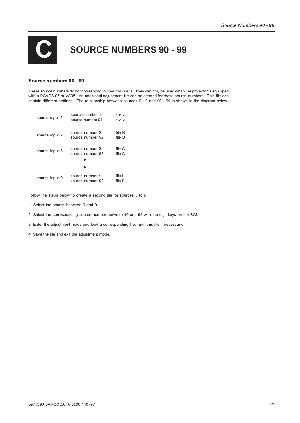 Source numbers 90 - 99 | Barco R9001190 User Manual | Page 47 / 48