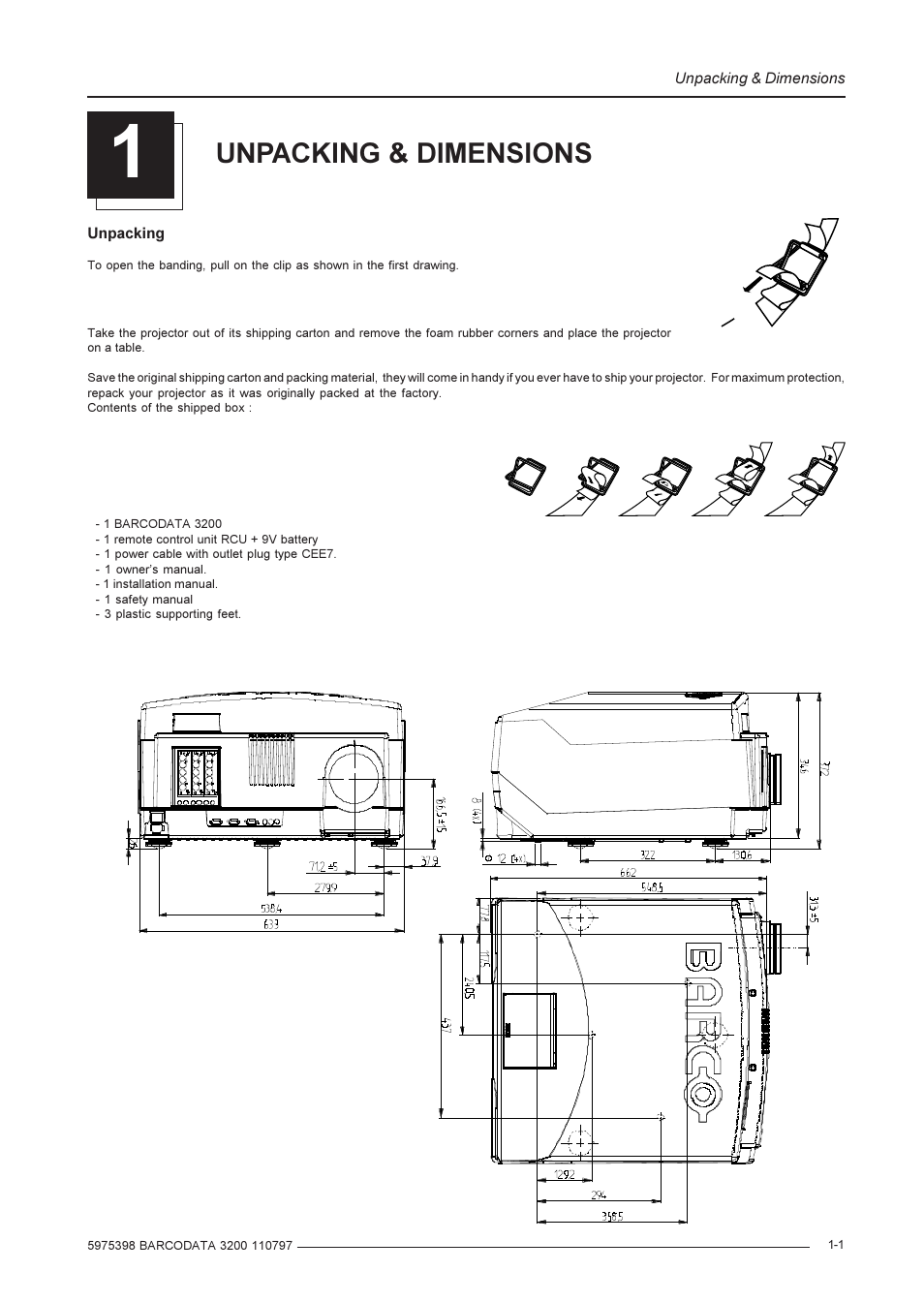 Unpacking & dimensions | Barco R9001190 User Manual | Page 5 / 48
