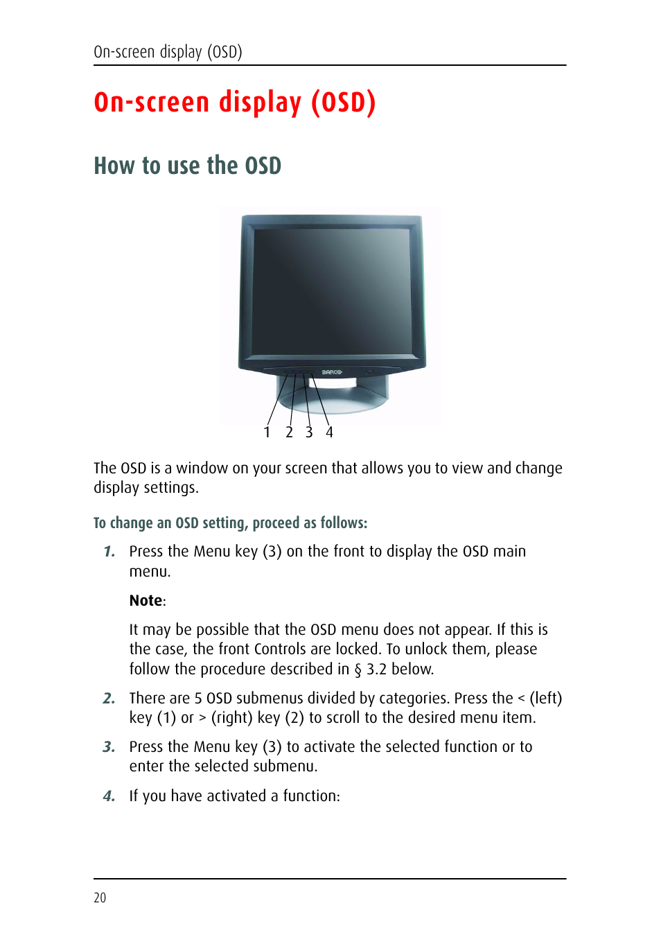 On-screen display (osd), How to use the osd | Barco MFCD 1219 User Manual | Page 20 / 31