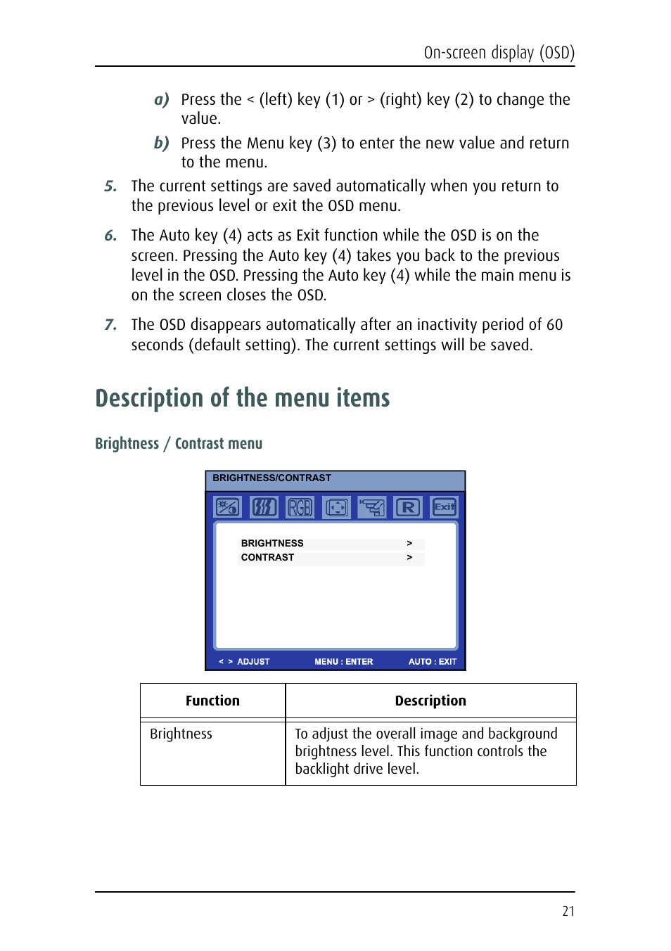 Description of the menu items, On-screen display (osd) | Barco MFCD 1219 User Manual | Page 21 / 31