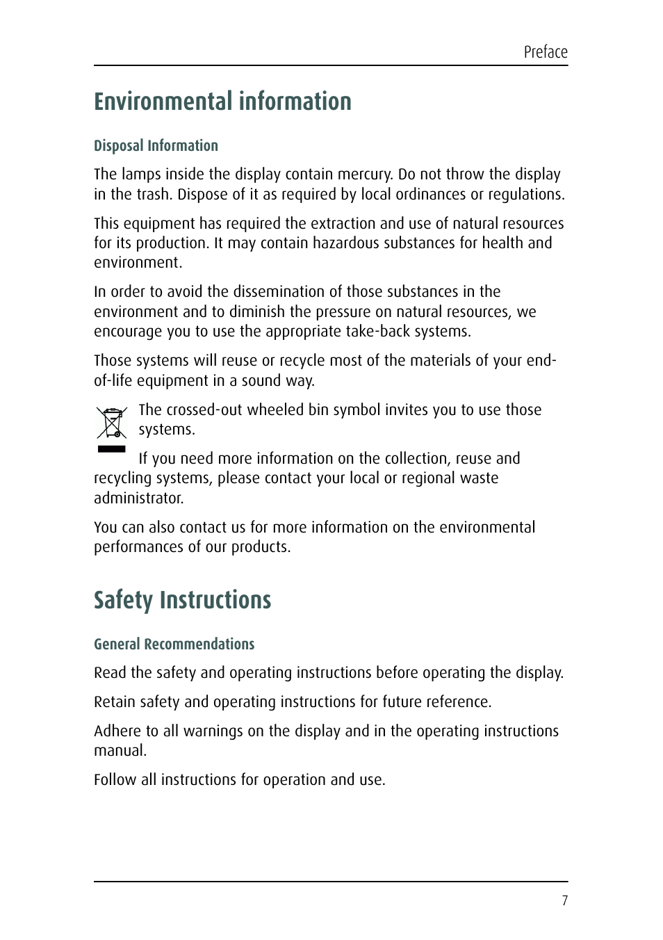 Environmental information, Safety instructions, Environmental information safety instructions | Barco MFCD 1219 User Manual | Page 7 / 31