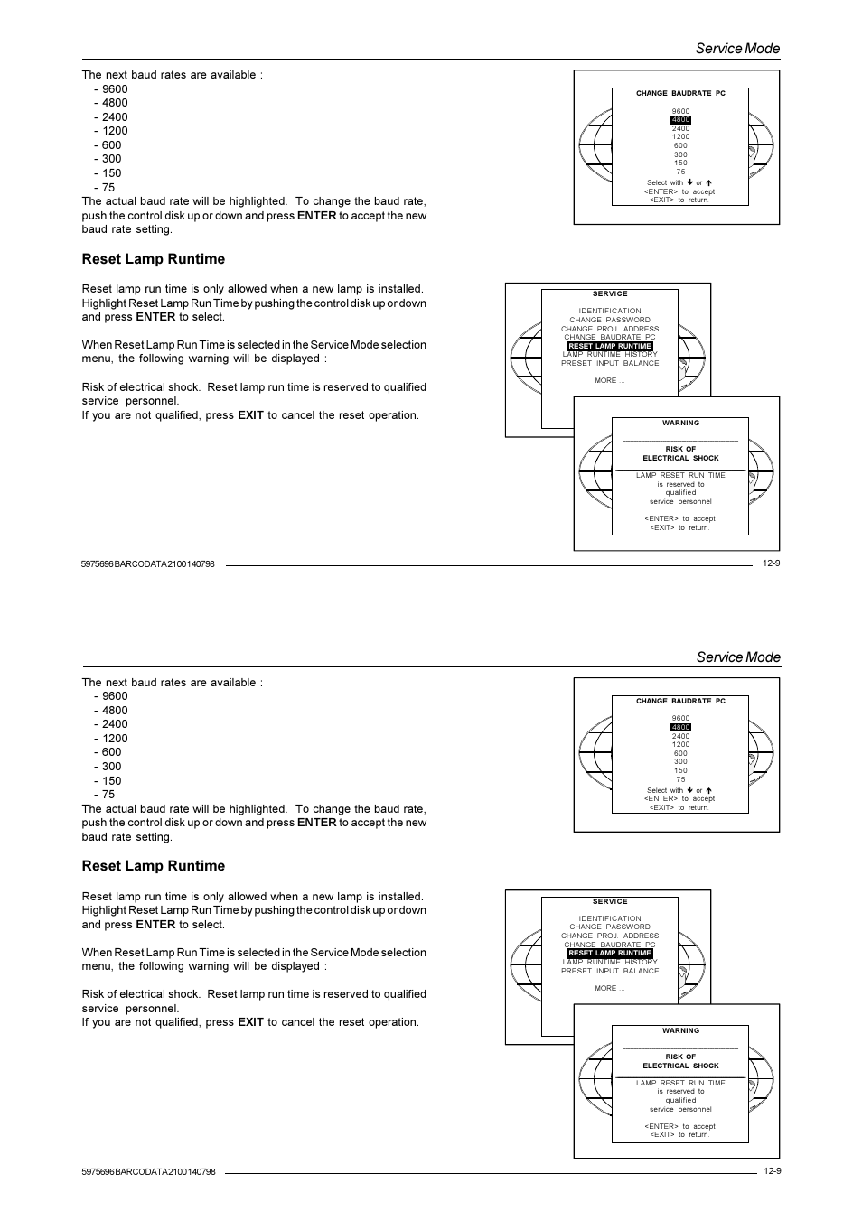 Service mode, Reset lamp runtime | Barco R9001070 User Manual | Page 102 / 121