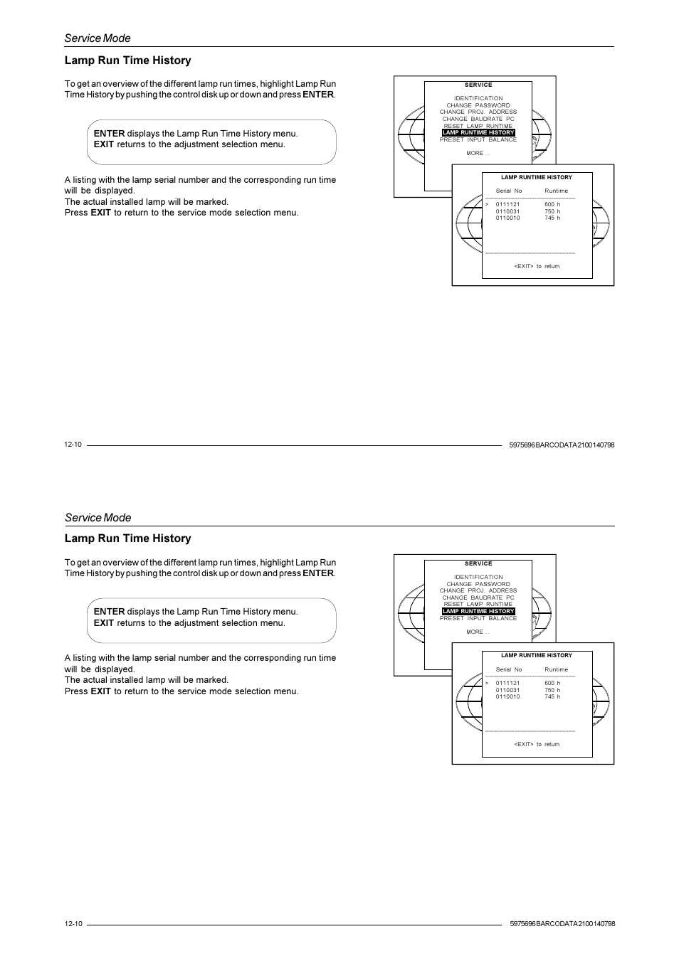 Service mode, Lamp run time history | Barco R9001070 User Manual | Page 103 / 121