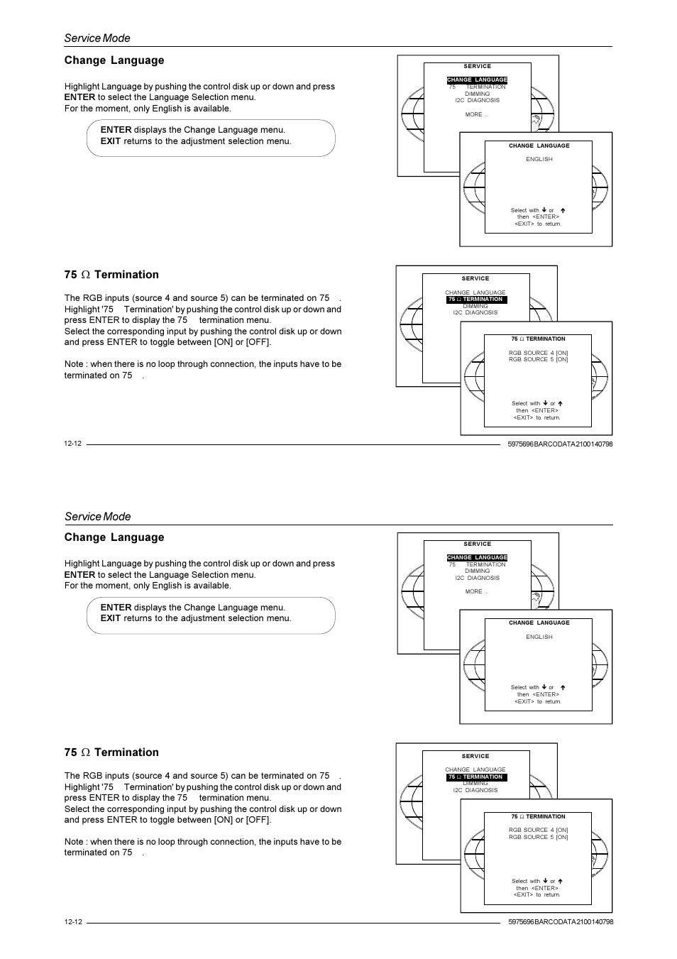 Service mode, Change language, 75 w termination | Barco R9001070 User Manual | Page 105 / 121