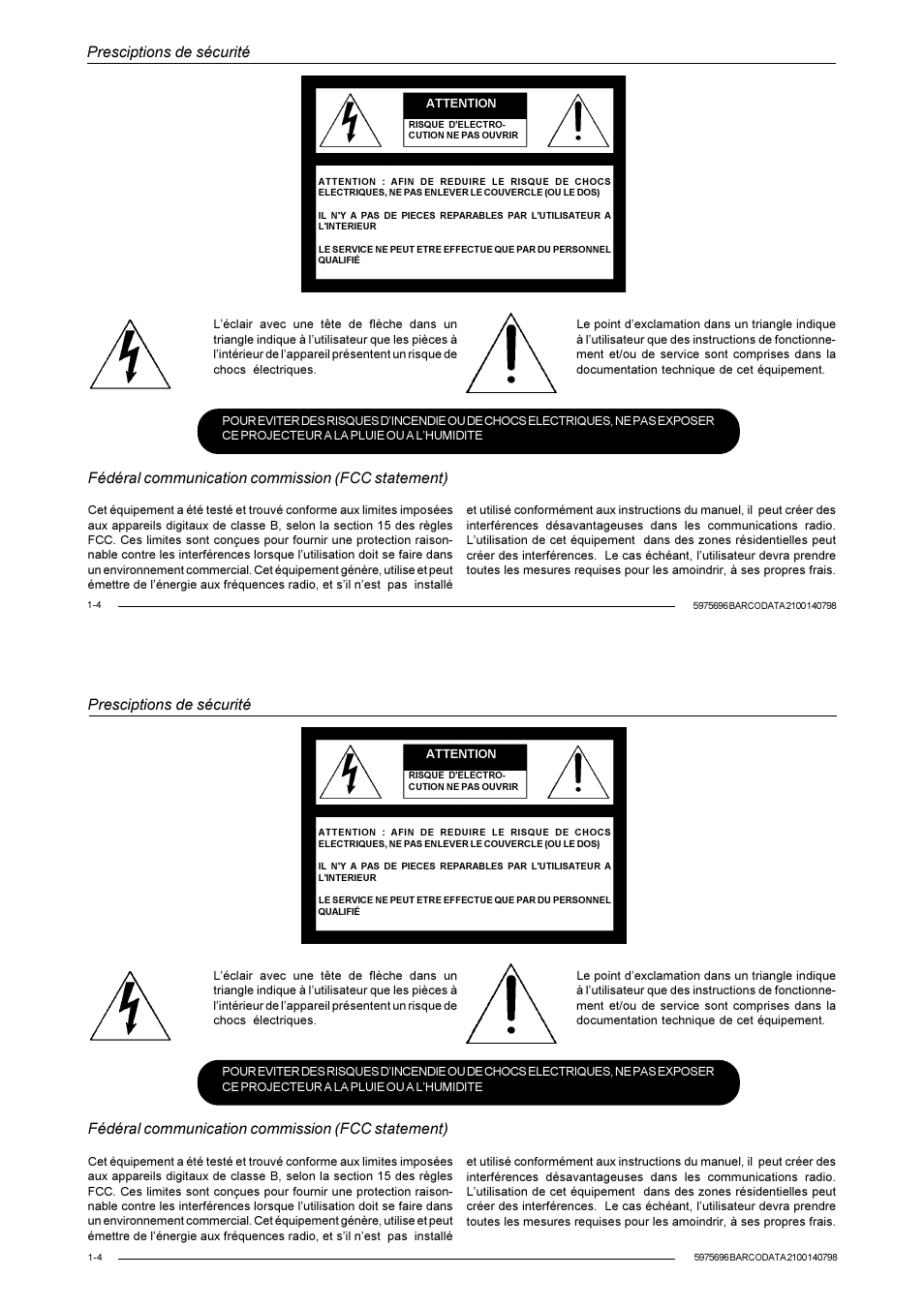 Presciptions de sécurité, Fédéral communication commission (fcc statement) | Barco R9001070 User Manual | Page 11 / 121