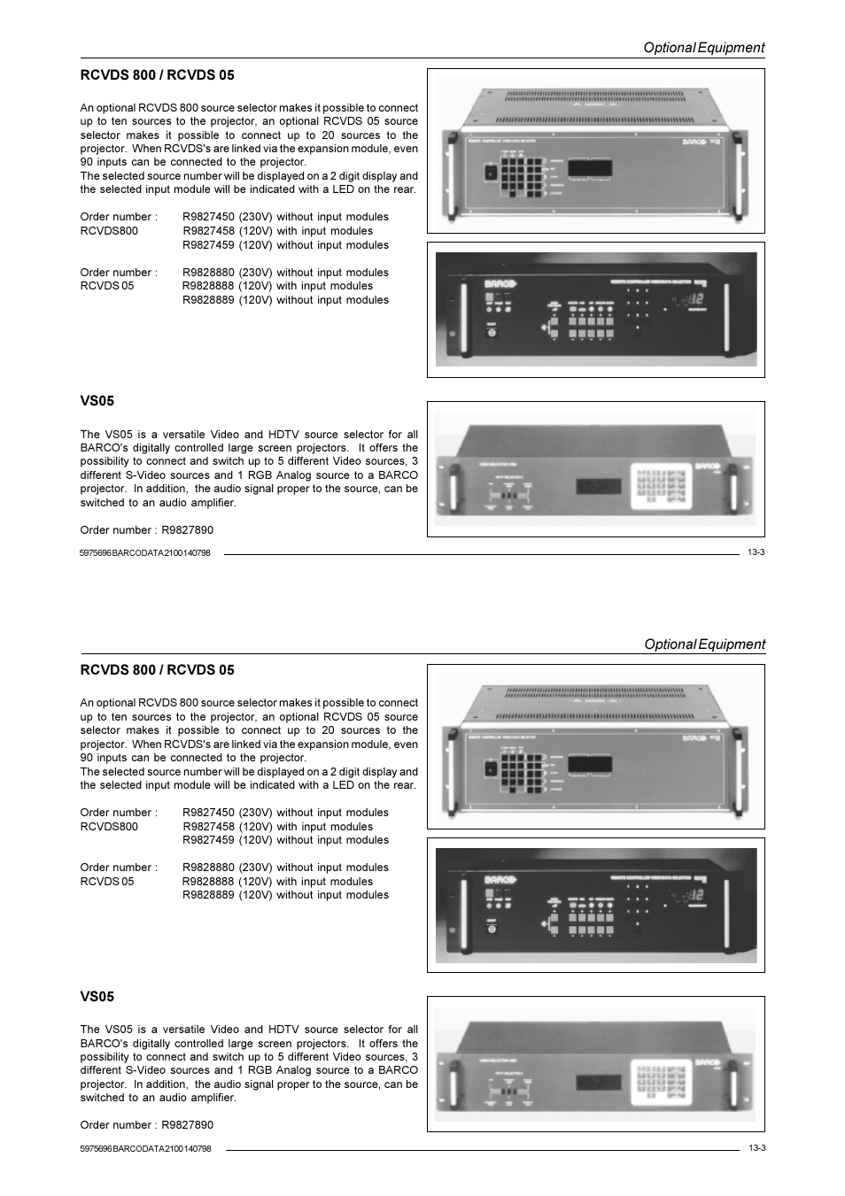 Optional equipment, Vs05 | Barco R9001070 User Manual | Page 110 / 121