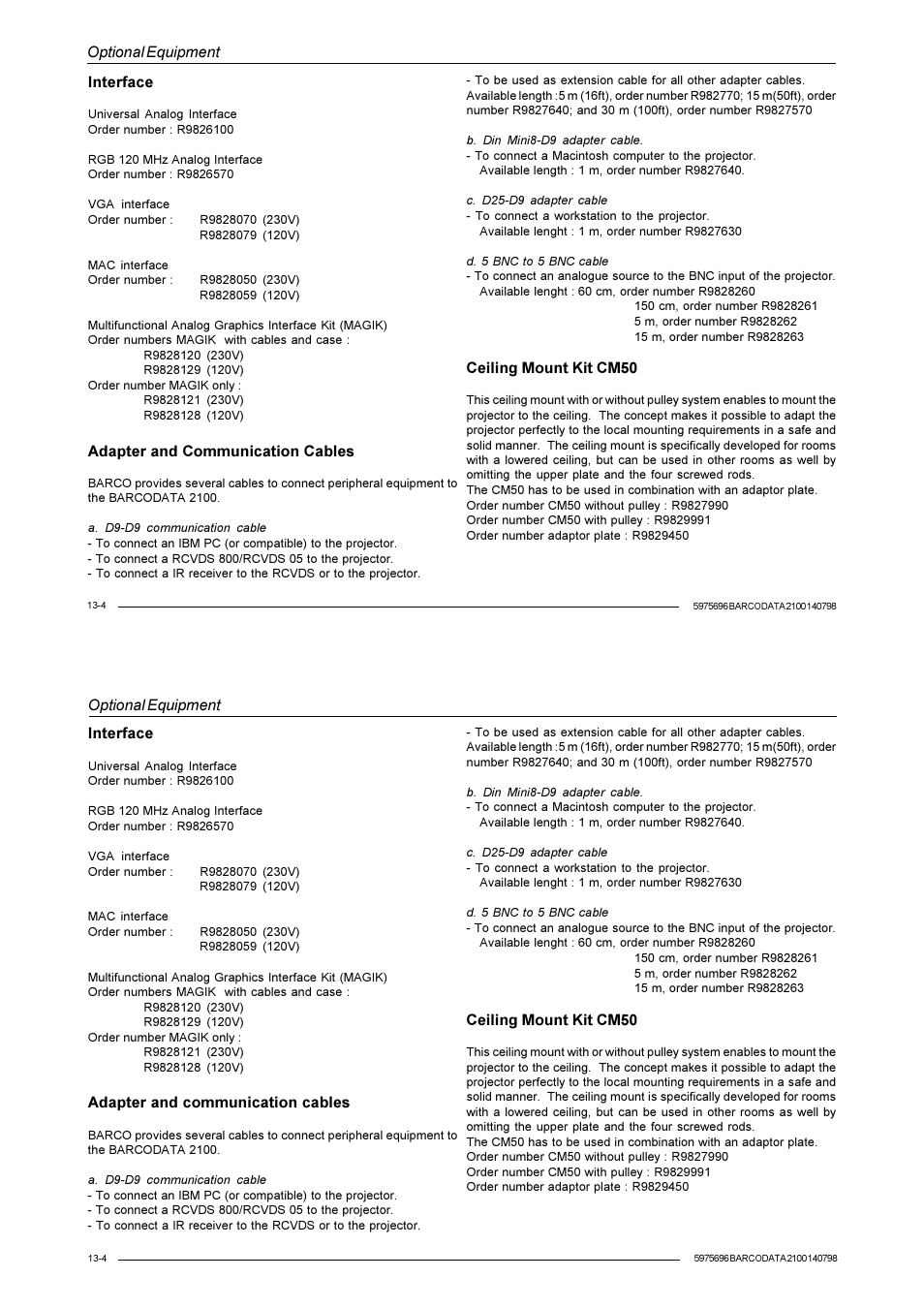 Optional equipment, Interface, Adapter and communication cables | Ceiling mount kit cm50 | Barco R9001070 User Manual | Page 111 / 121