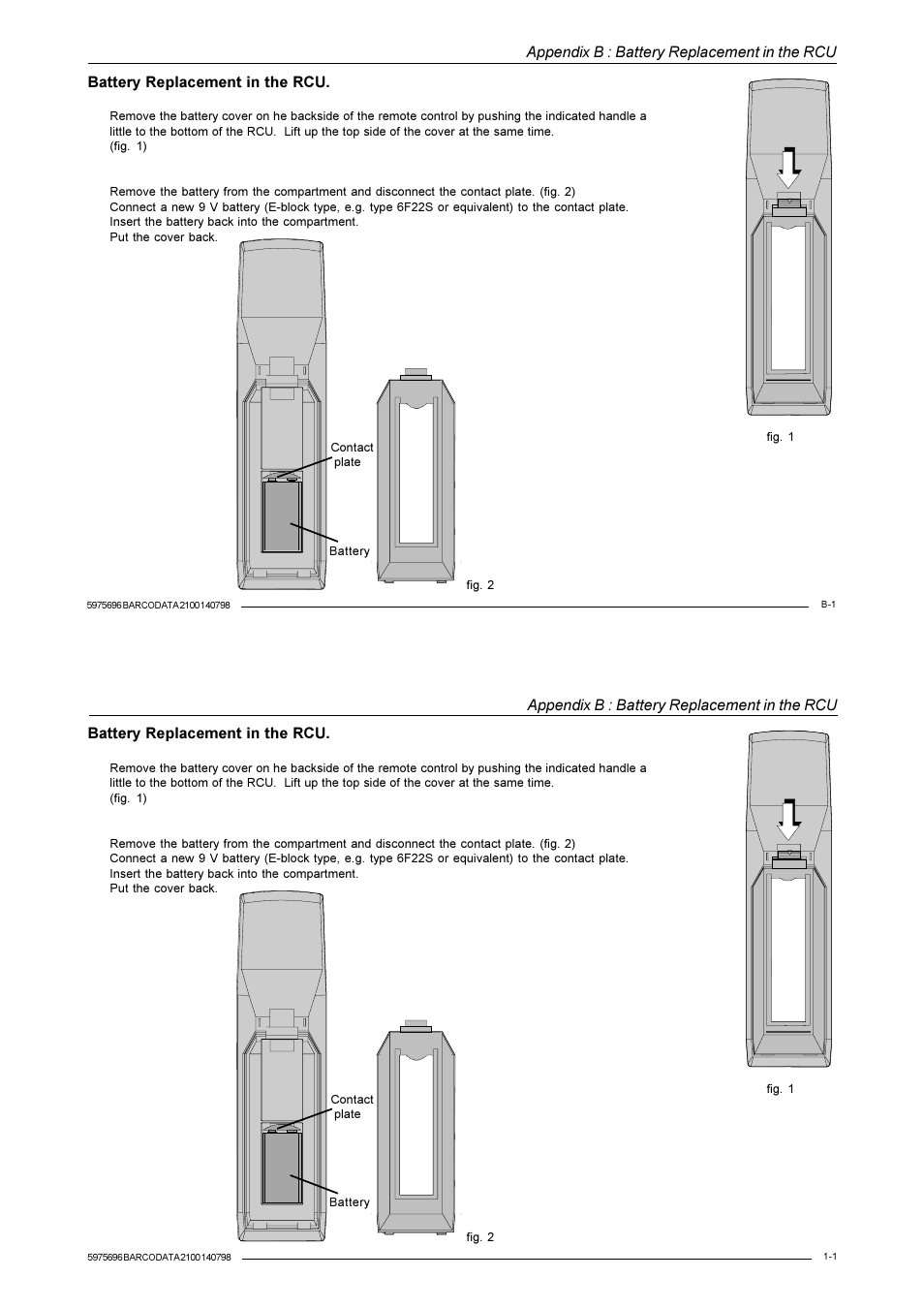 Appendix b : battery replacement in the rcu, Battery replacement in the rcu | Barco R9001070 User Manual | Page 115 / 121