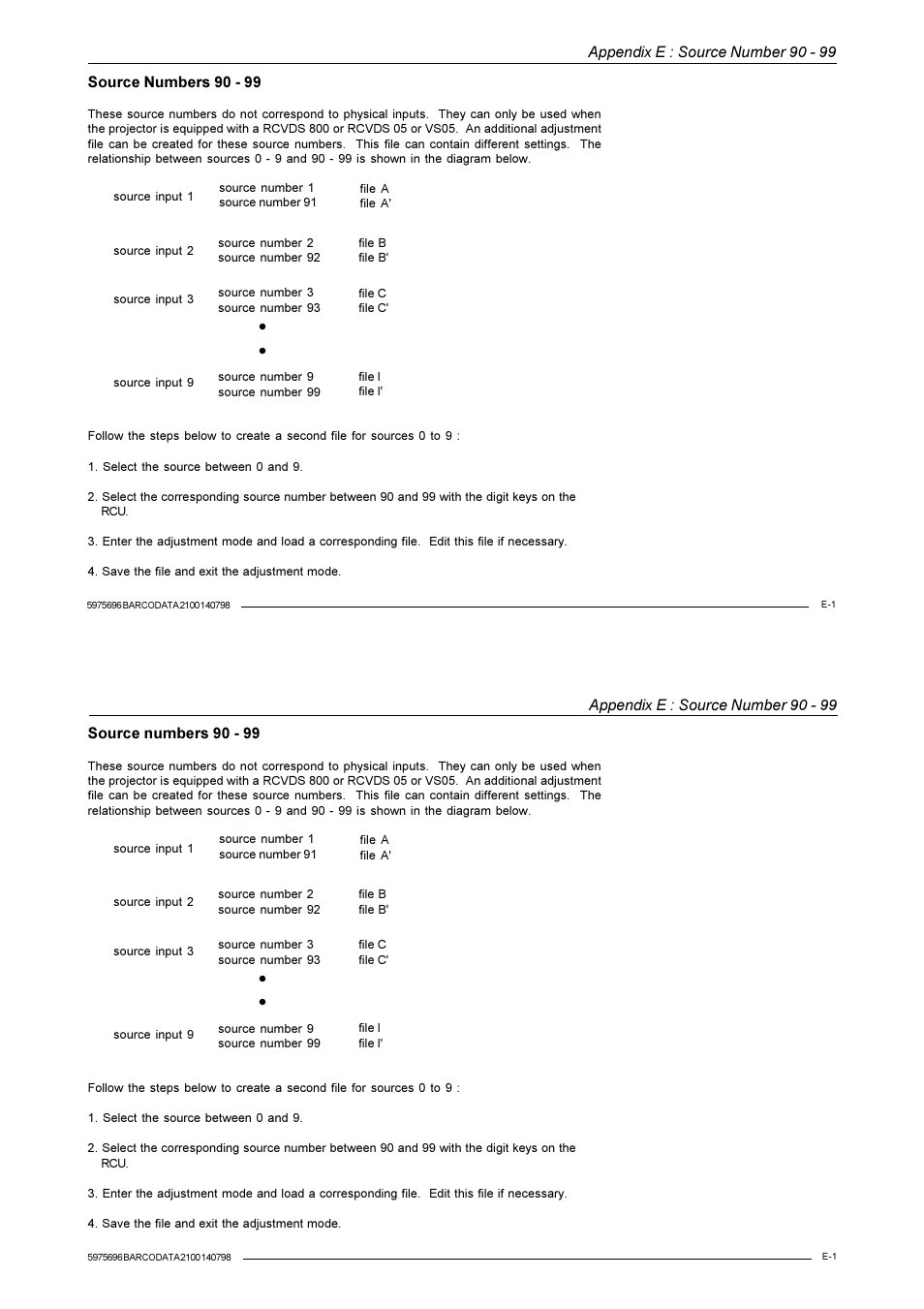 Appendix e : source number 90 - 99, Source numbers 90 - 99 | Barco R9001070 User Manual | Page 118 / 121