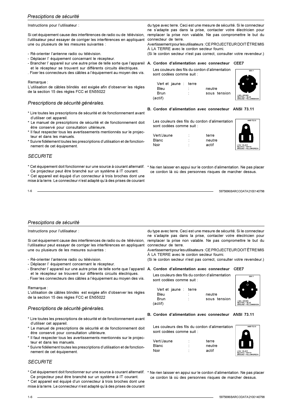 Presciptions de sécurité, Prescriptions de sécurité générales, Securite | Barco R9001070 User Manual | Page 13 / 121