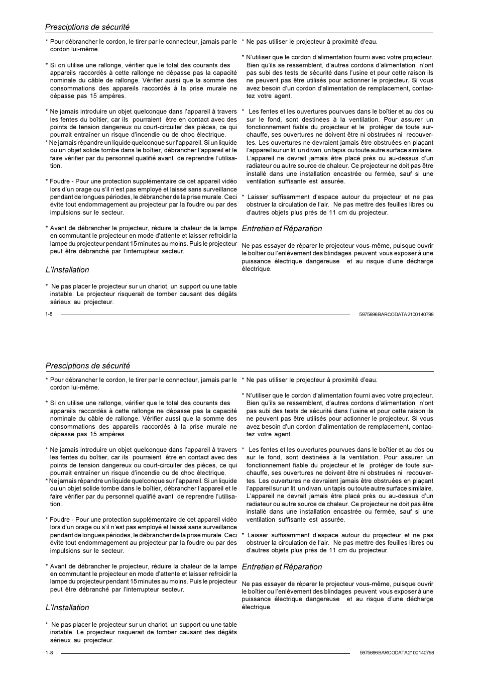 Presciptions de sécurité, Linstallation, Entretien et réparation | Barco R9001070 User Manual | Page 15 / 121