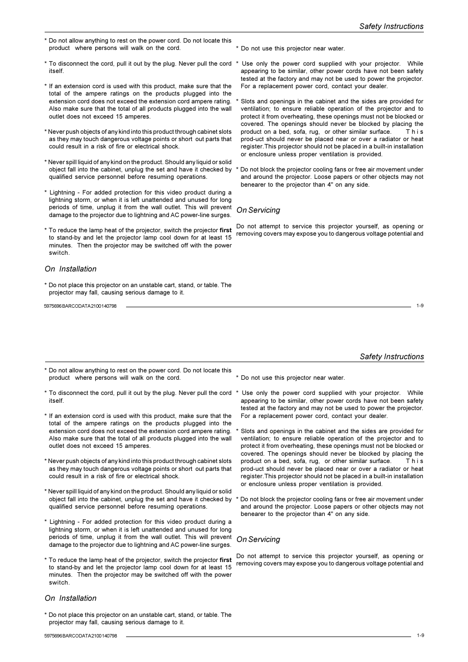 Safety instructions, On installation, On servicing | Barco R9001070 User Manual | Page 16 / 121