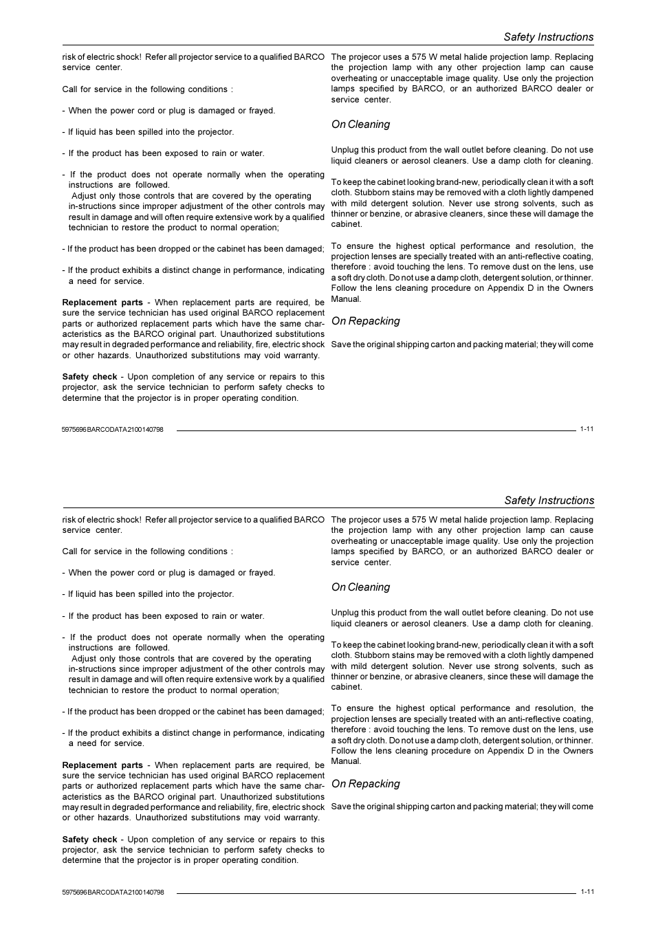 Safety instructions, On cleaning, On repacking | Barco R9001070 User Manual | Page 18 / 121