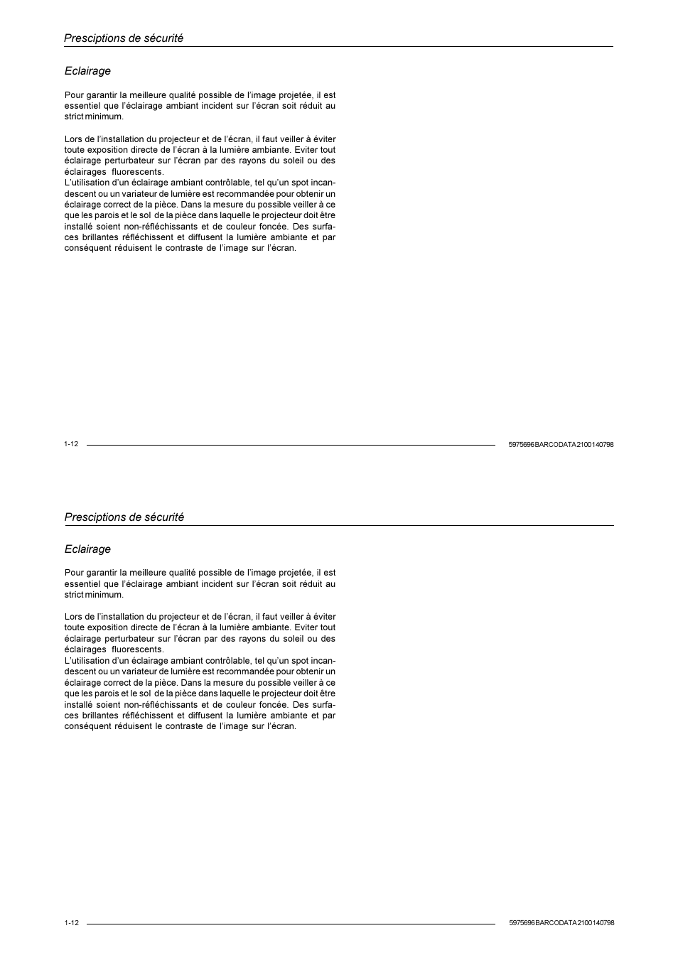 Presciptions de sécurité, Eclairage | Barco R9001070 User Manual | Page 19 / 121