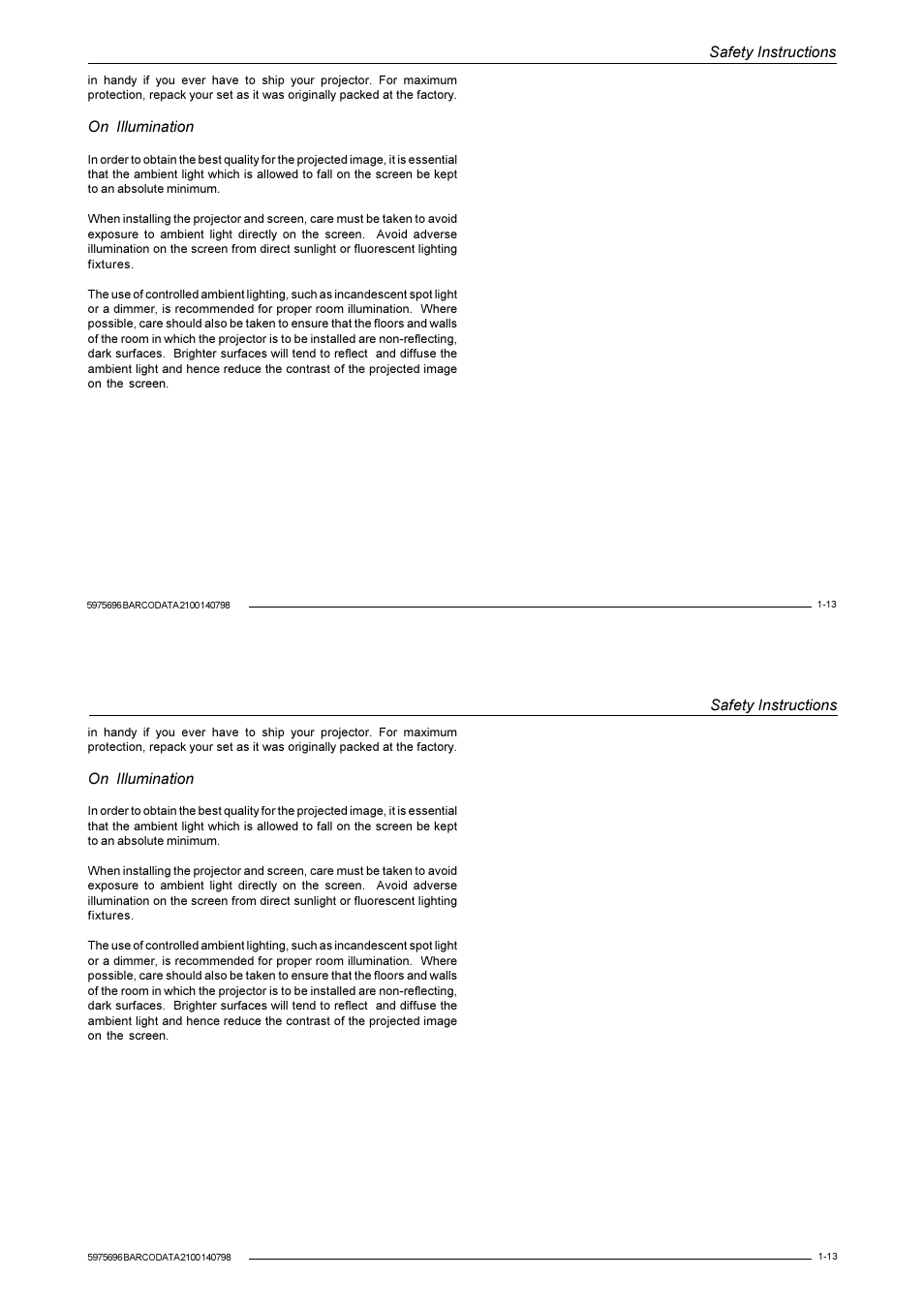 Safety instructions, On illumination | Barco R9001070 User Manual | Page 20 / 121