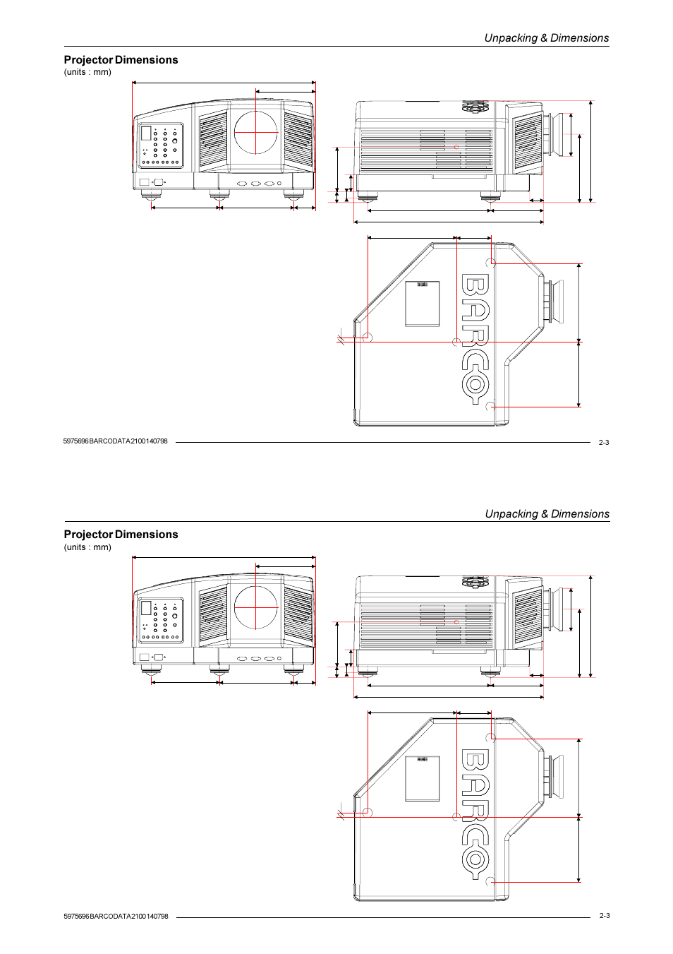 Unpacking & dimensions, Projector dimensions, Units : mm) | Barco R9001070 User Manual | Page 23 / 121