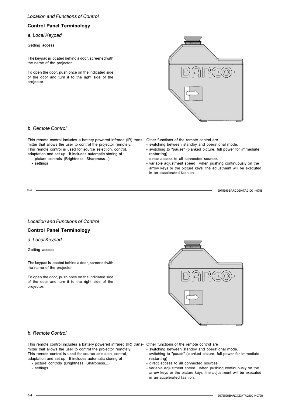 Location and functions of control, Control panel terminology a. local keypad, B. remote control | Barco R9001070 User Manual | Page 38 / 121