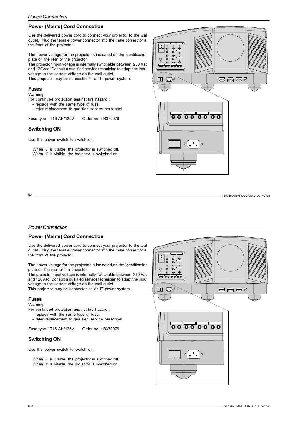 Power connection, Power (mains) cord connection, Fuses | Switching on | Barco R9001070 User Manual | Page 42 / 121