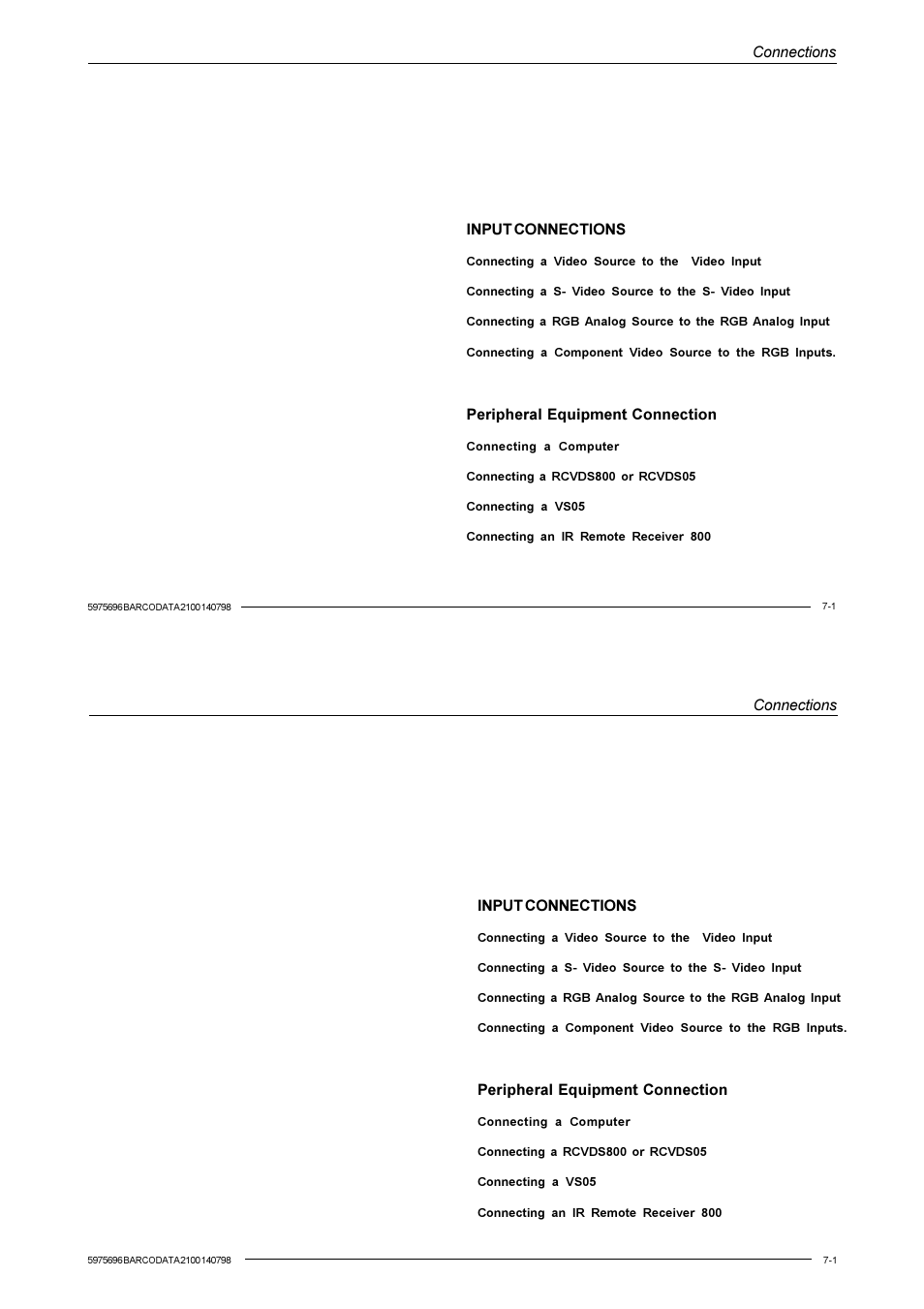 Connections, Input connections, Peripheral equipment connection | Barco R9001070 User Manual | Page 45 / 121