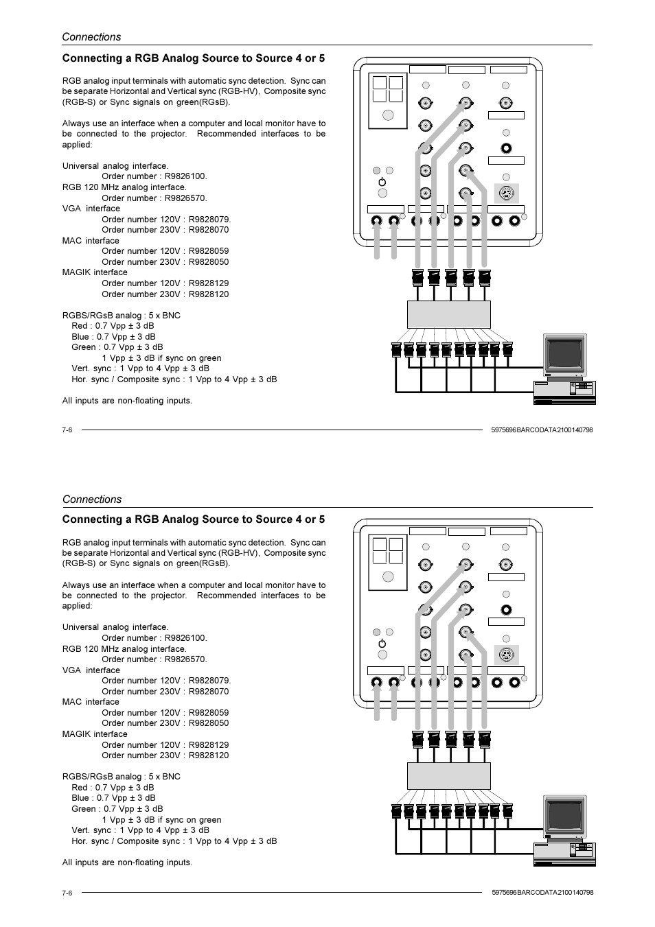 Connections, Connecting a rgb analog source to source 4 or 5, Barco interface | Barco R9001070 User Manual | Page 50 / 121