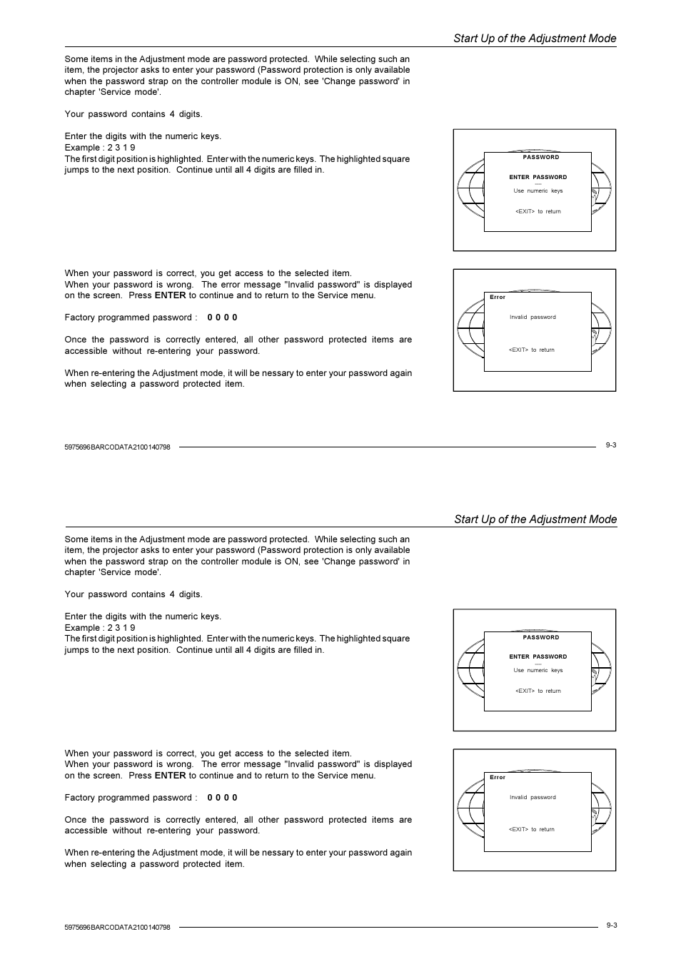 Start up of the adjustment mode | Barco R9001070 User Manual | Page 63 / 121