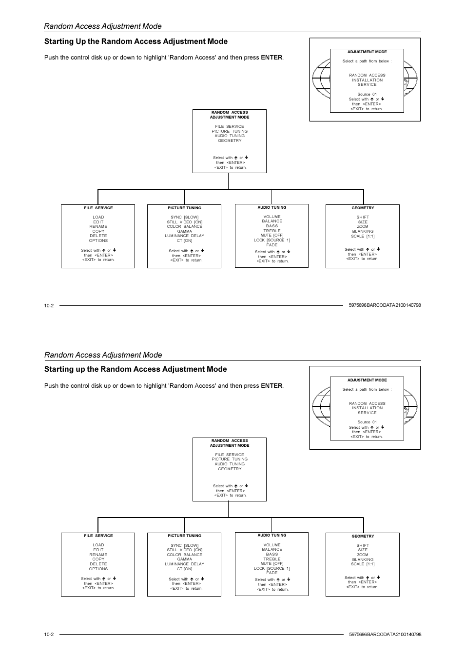 Random access adjustment mode, Starting up the random access adjustment mode | Barco R9001070 User Manual | Page 65 / 121