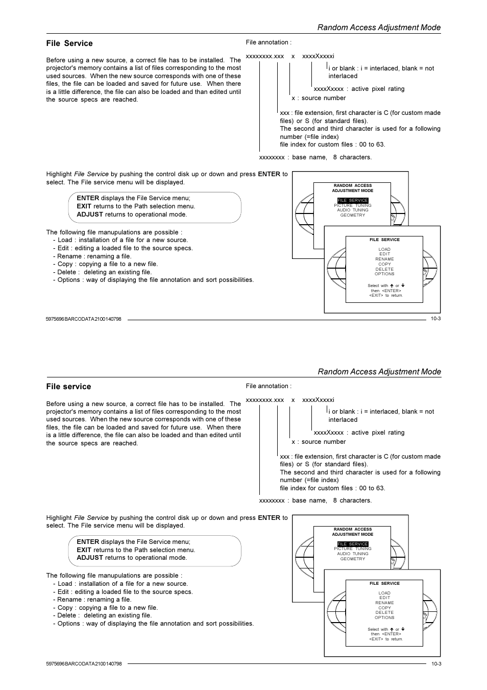 Random access adjustment mode, File service | Barco R9001070 User Manual | Page 66 / 121
