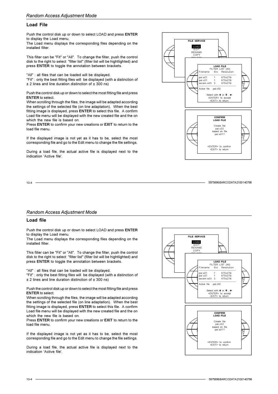 Random access adjustment mode, Load file | Barco R9001070 User Manual | Page 67 / 121