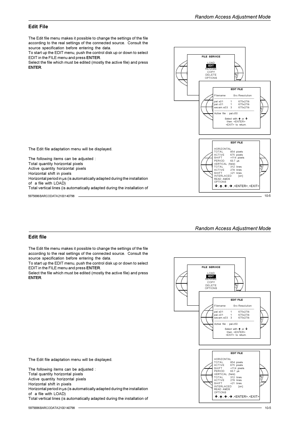 Random access adjustment mode, Edit file | Barco R9001070 User Manual | Page 68 / 121