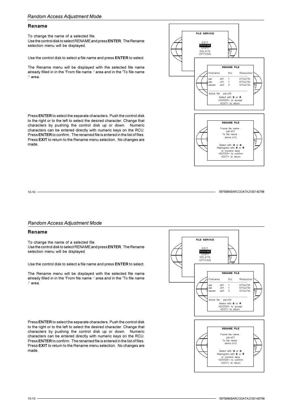 Random access adjustment mode, Rename | Barco R9001070 User Manual | Page 73 / 121