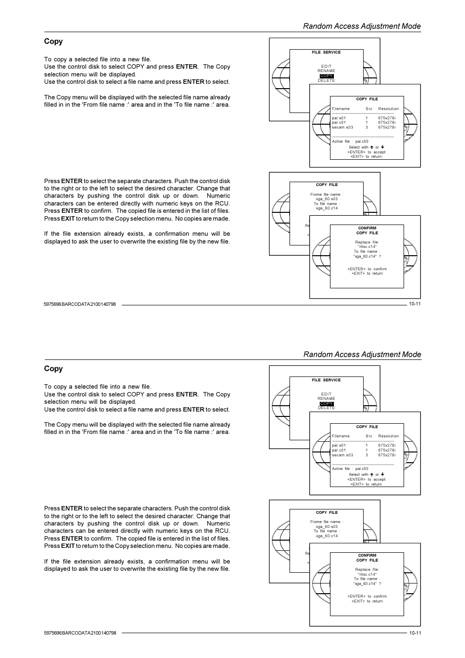 Random access adjustment mode, Copy | Barco R9001070 User Manual | Page 74 / 121
