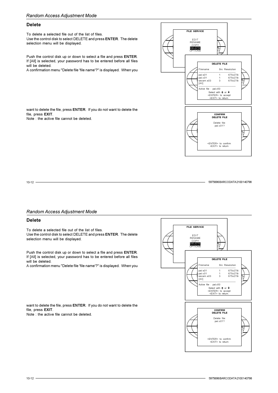 Random access adjustment mode, Delete | Barco R9001070 User Manual | Page 75 / 121