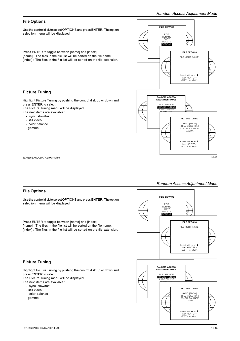 Random access adjustment mode, File options, Picture tuning | Barco R9001070 User Manual | Page 76 / 121