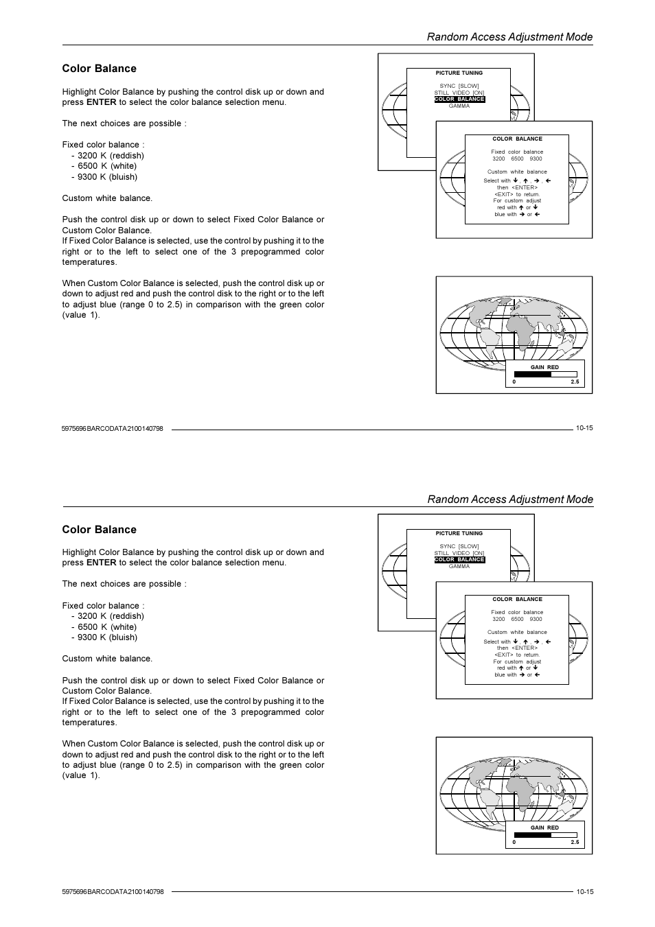 Random access adjustment mode, Color balance | Barco R9001070 User Manual | Page 78 / 121