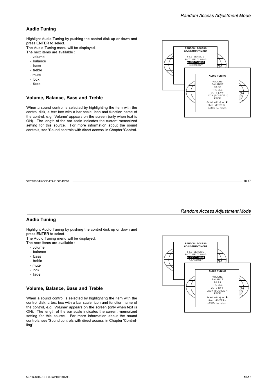 Random access adjustment mode, Audio tuning, Volume, balance, bass and treble | Barco R9001070 User Manual | Page 80 / 121