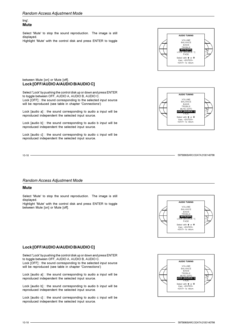 Random access adjustment mode, Mute, Lock [off/audio a/audio b/audio c | Barco R9001070 User Manual | Page 81 / 121