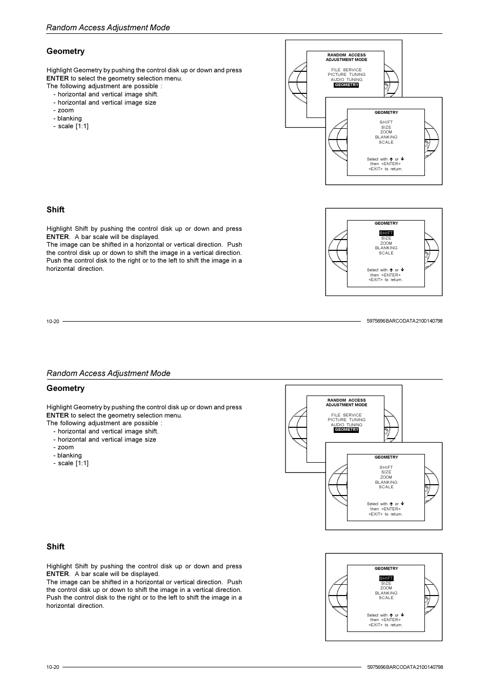 Random access adjustment mode, Geometry, Shift | Barco R9001070 User Manual | Page 83 / 121