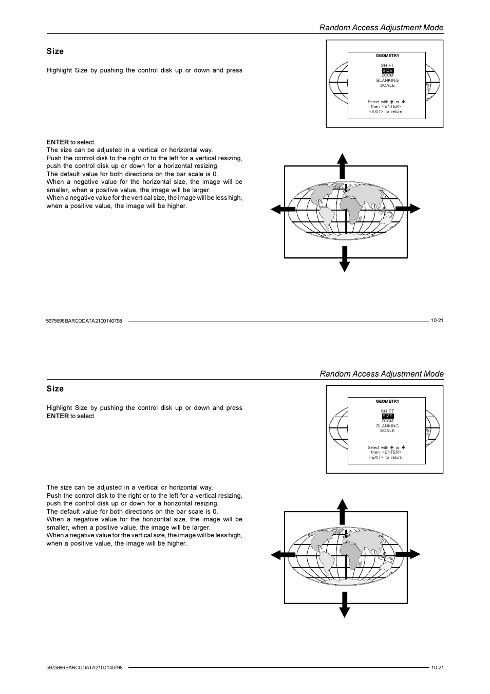 Random access adjustment mode, Size | Barco R9001070 User Manual | Page 84 / 121